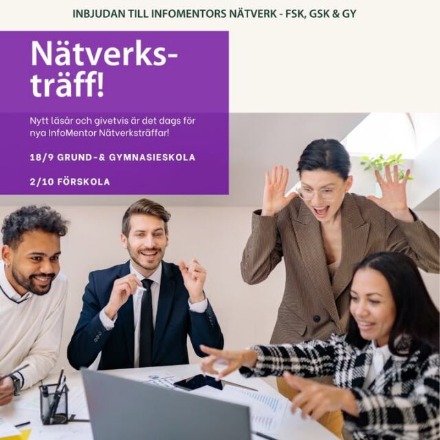 Nytt läsår = nya InfoMentor Nätverksträffar!
Nästa vecka kommer inbjudan till läsårets första digitala nätverksträffar ut men redan nu kan du anmäla dig via hemsidan om du vill säkra upp din plats helt kostnadsfritt. 
infomentor.se>Om oss>InfoMentor Nätverk
 
I kundutskicket nästa vecka följer utförligare info. 
 
Hoppas vi ses och varmt välkomna! 
 
/ Gänget på InfoMentor

#InfoMentorSverige #LMS #InfoMentorNätverk #EdTech